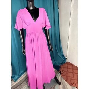 Japna Pink Crinkle Flutter Sleeve Maxi Dress V-Neck Flowy Bohemian Summer